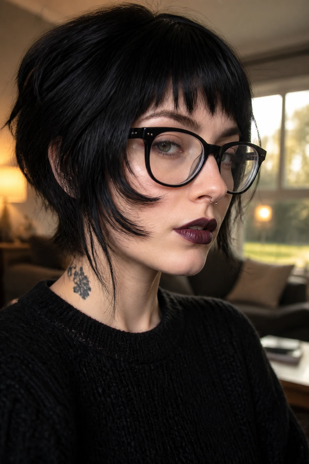 Close-up of a real person with face-hugging fringe and glasses in warm window light