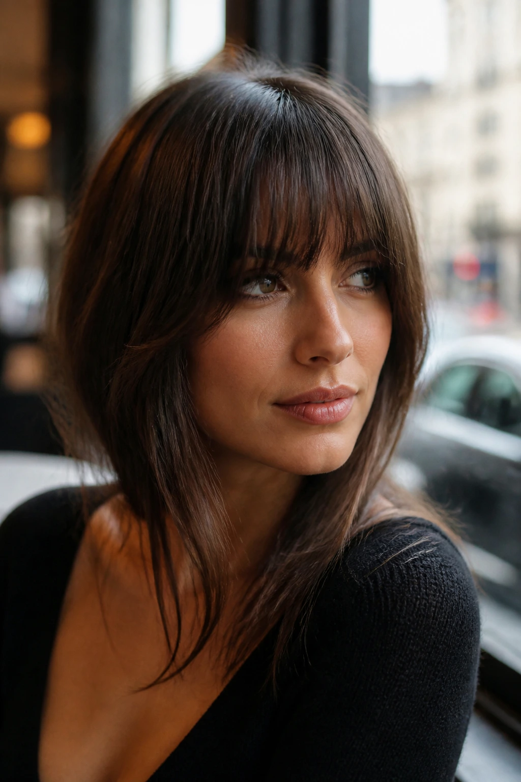 Close-up of a real woman with face-hugging fringe and long sides at a cafe window