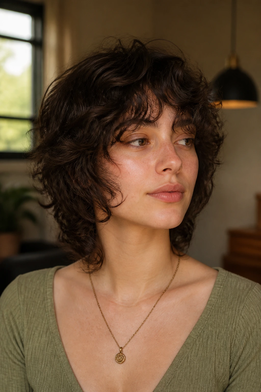Portrait of a real person wearing face-hugging wolf layers hairstyle around cheeks.
