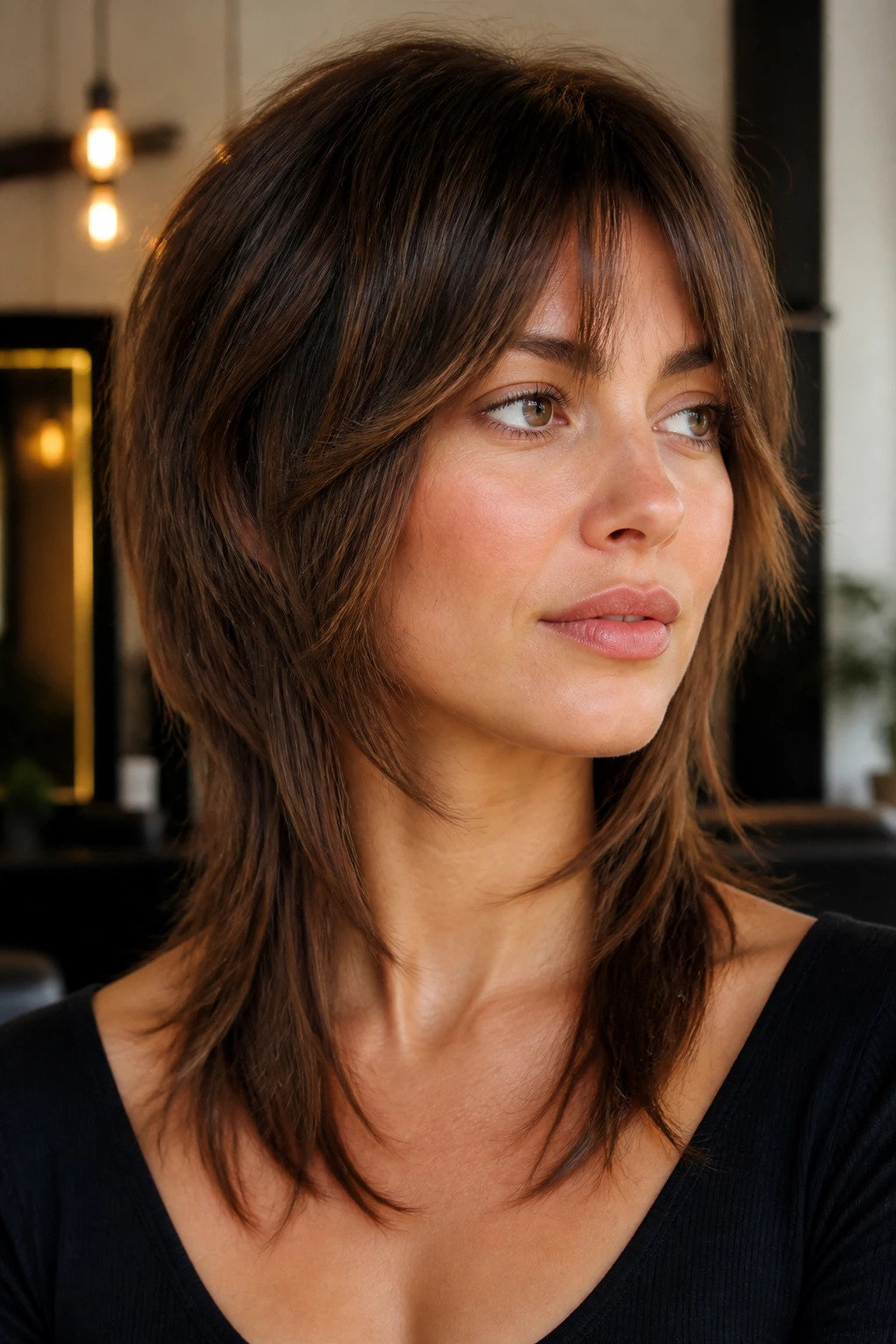 Portrait of real woman with face-lengthening shag for round face