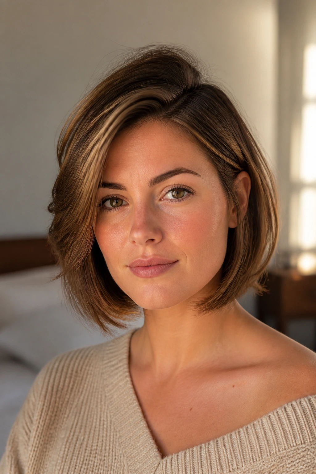 Close-up portrait of a real woman demonstrating crown lift and side-parted hair to elongate the face.