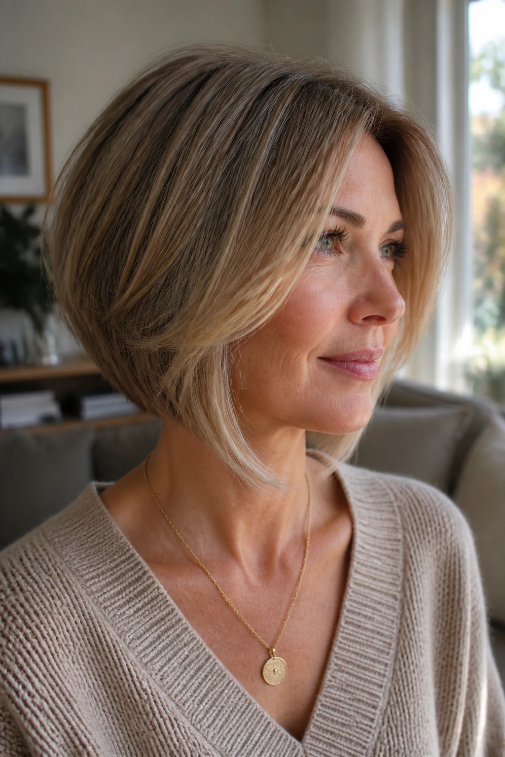 Close-up of real woman with long front pieces lifting the face