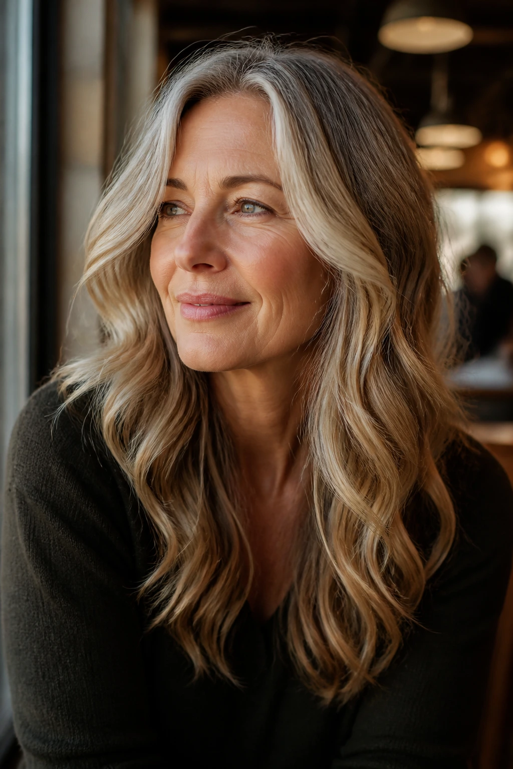 Close-up of a real woman with face-framing waves and soft highlights