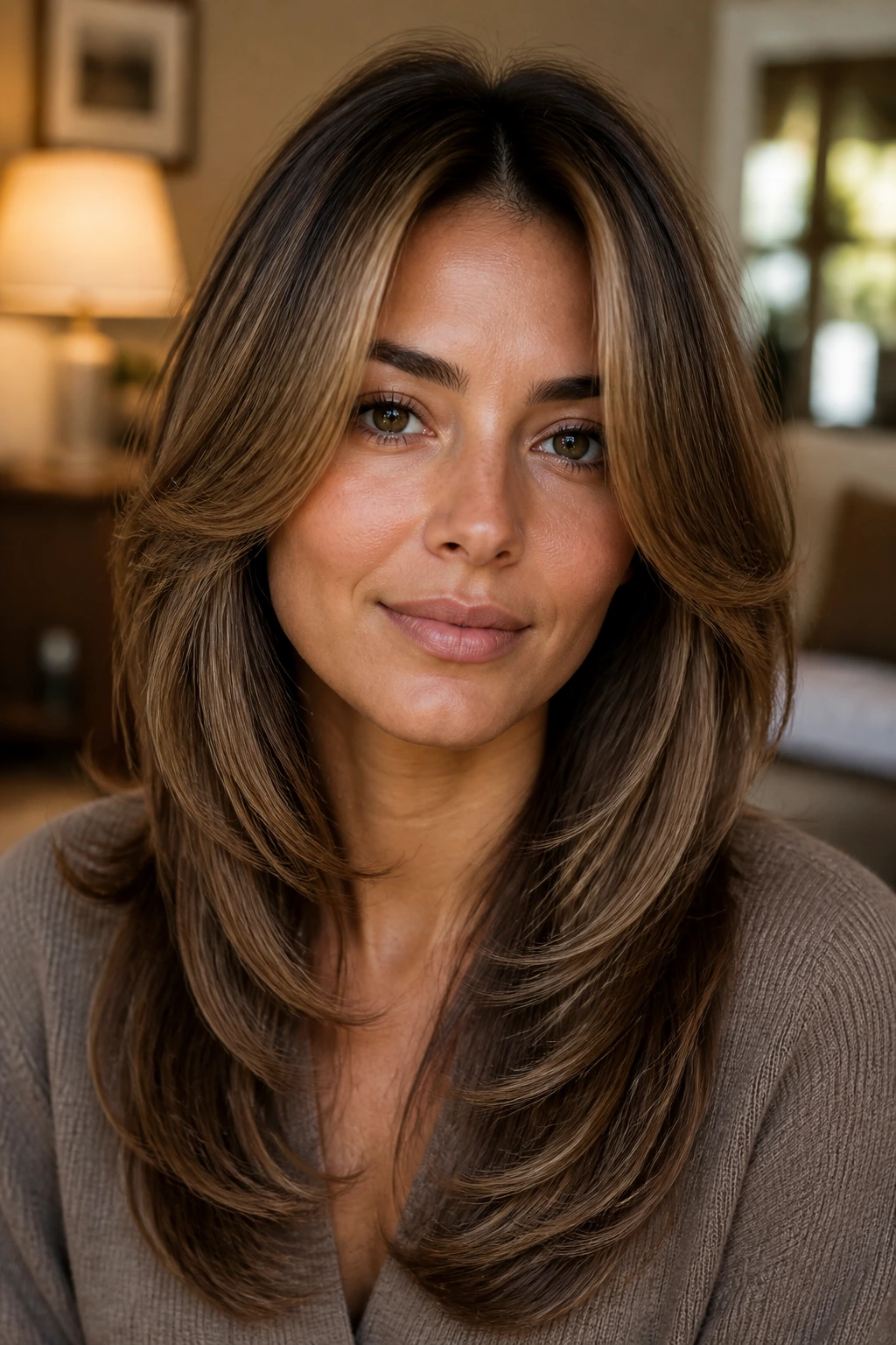 Real woman with face-opening layers and polished ends close-up