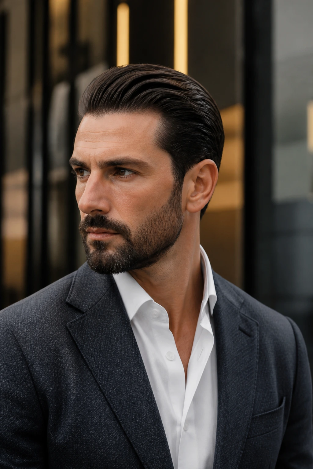 Portrait of man with slick-back, beard, and sharp attire