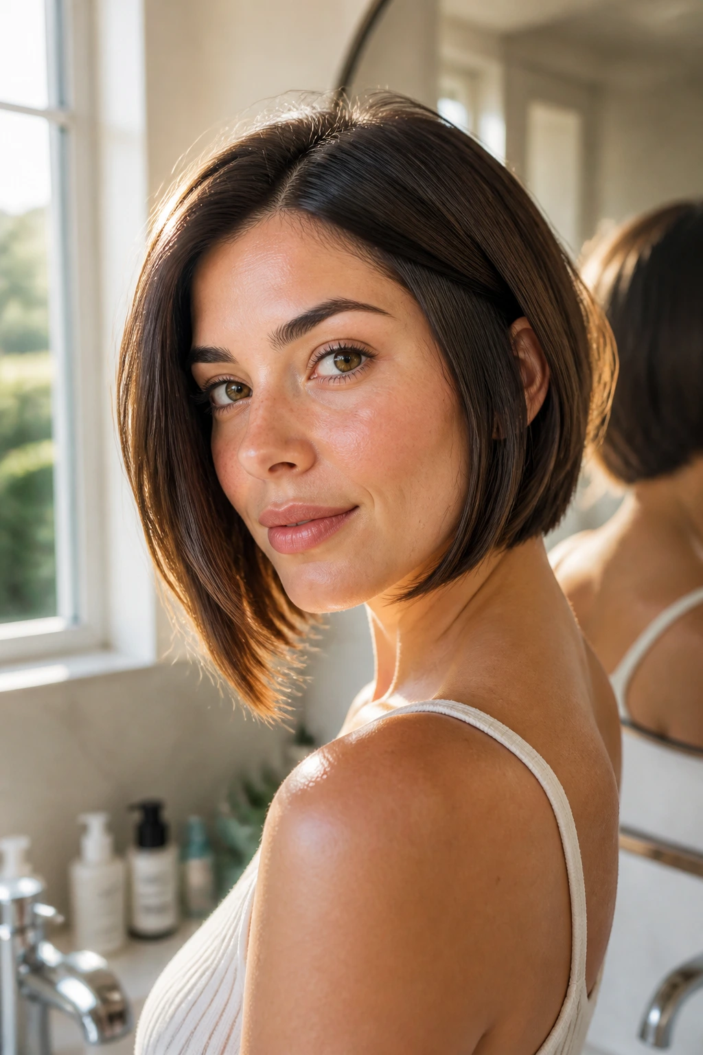 Close-up portrait of a real woman with a versatile bob in morning bathroom light