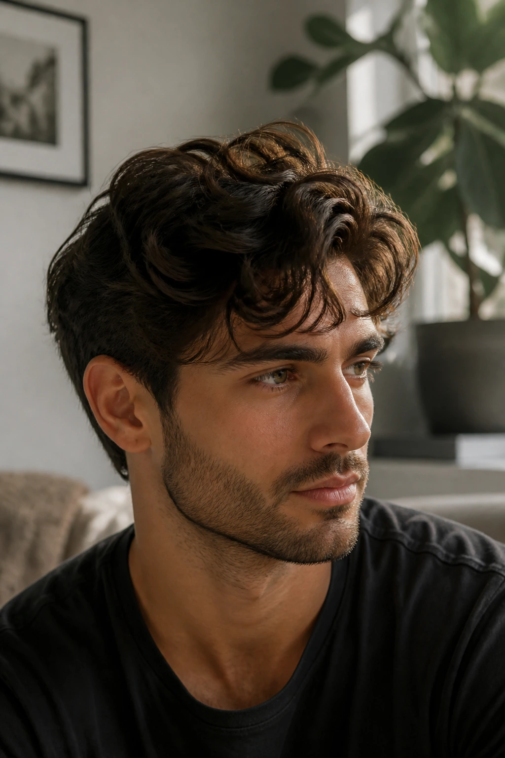 Man with wavy haircut styled for face shape in home setting