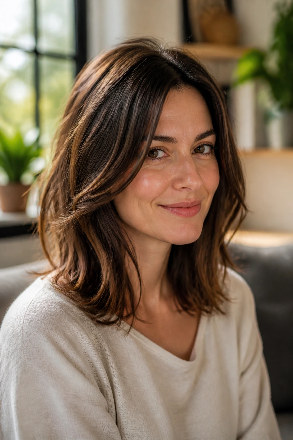 Real woman with a mid-length cut chosen to flatter her face shape.