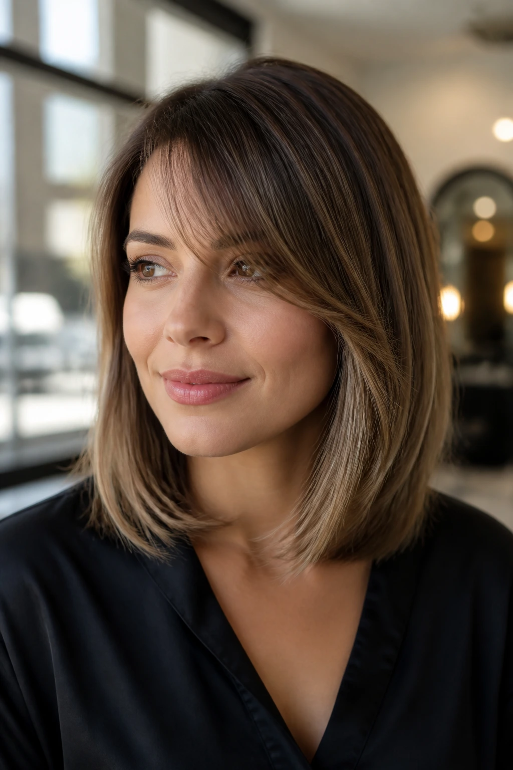 Real woman with collarbone-length lob and side bangs showing fringe blend and face-framing shape.
