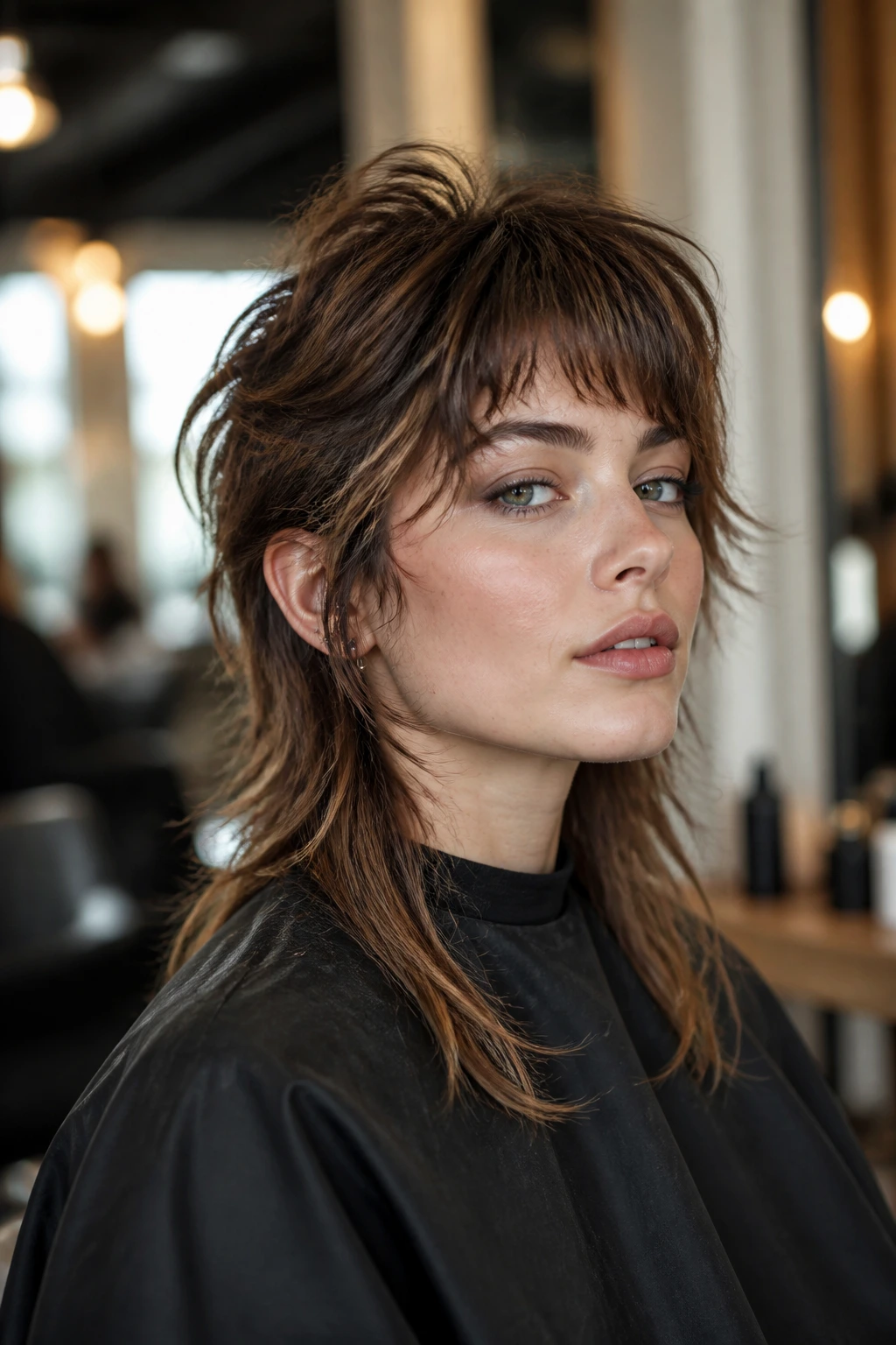 Portrait of real woman with mullet demonstrating face-shape guiding the cut