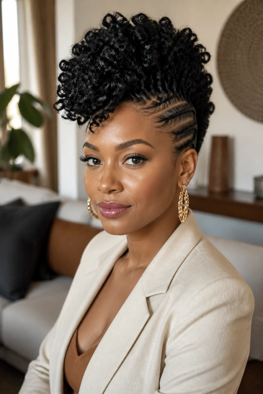 Real woman wearing a crochet mohawk with chic outfit and accessories.