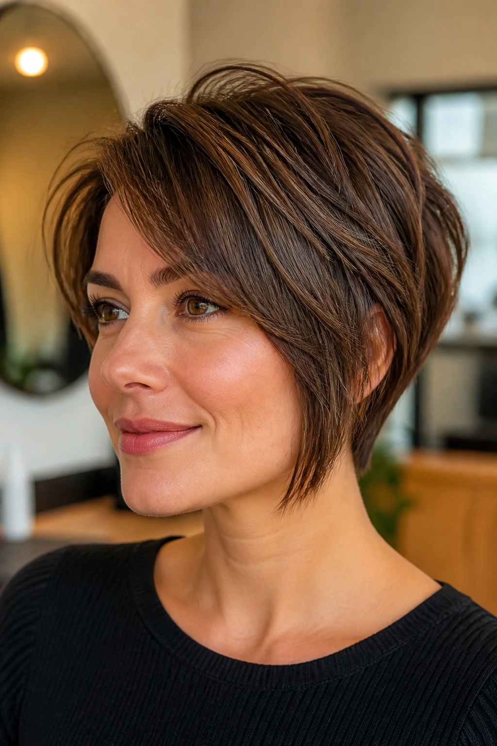 Portrait of a real person with pixie bob showing face-shape and texture fit