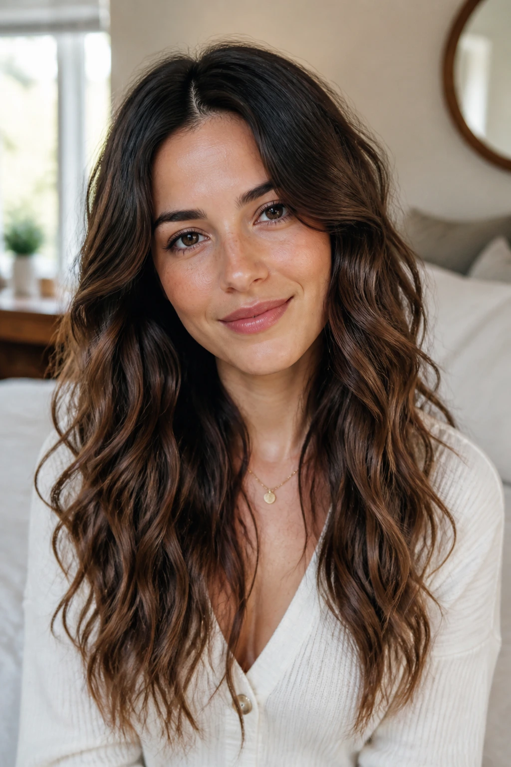 Portrait of a person with soft center-parted wavy hair illustrating face-shape considerations