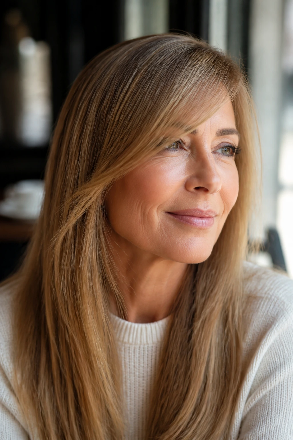 Real woman with face-skimming side fringe softly framing the eyes in natural light