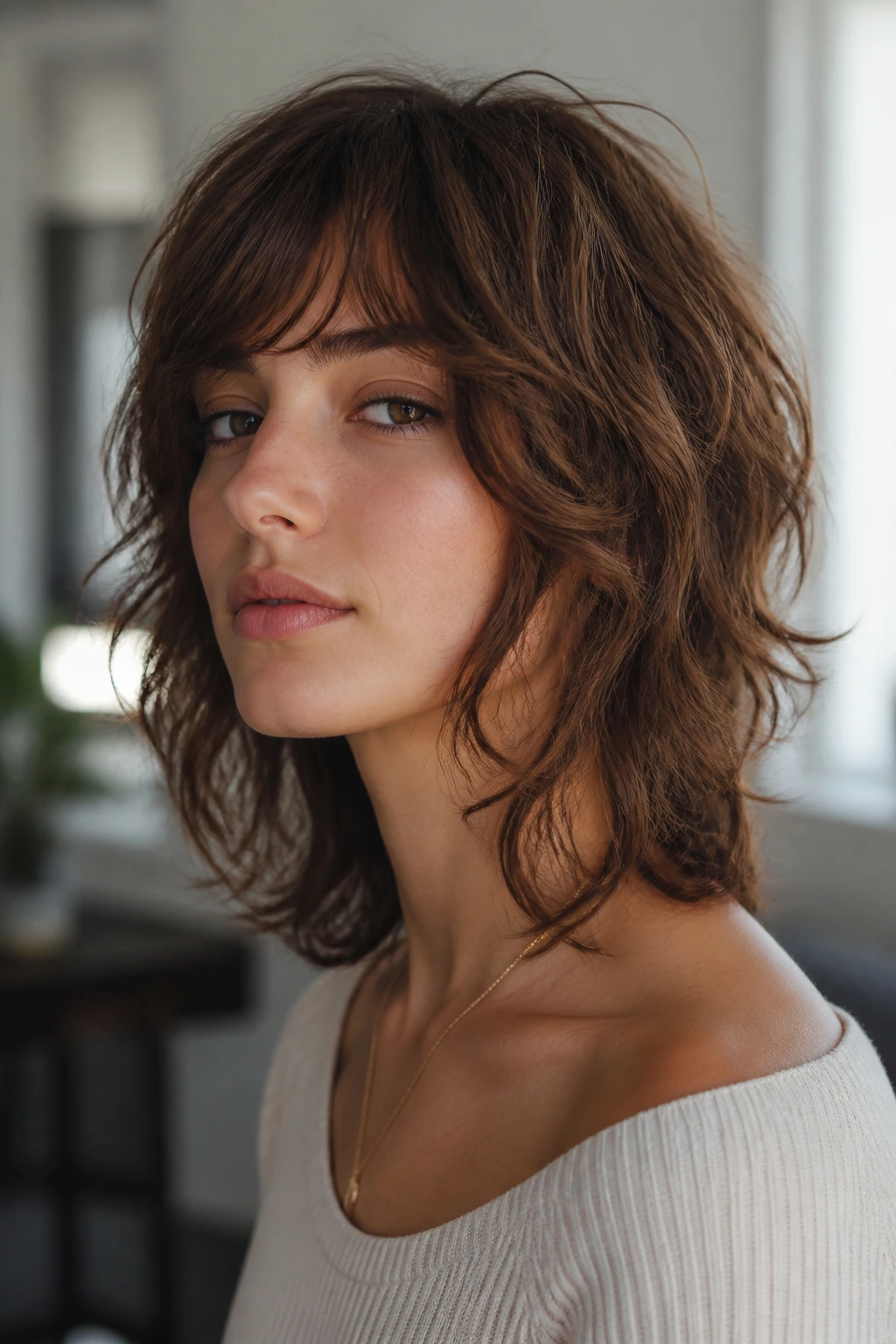 Real woman with face-skimming shag and long sides framing the jaw