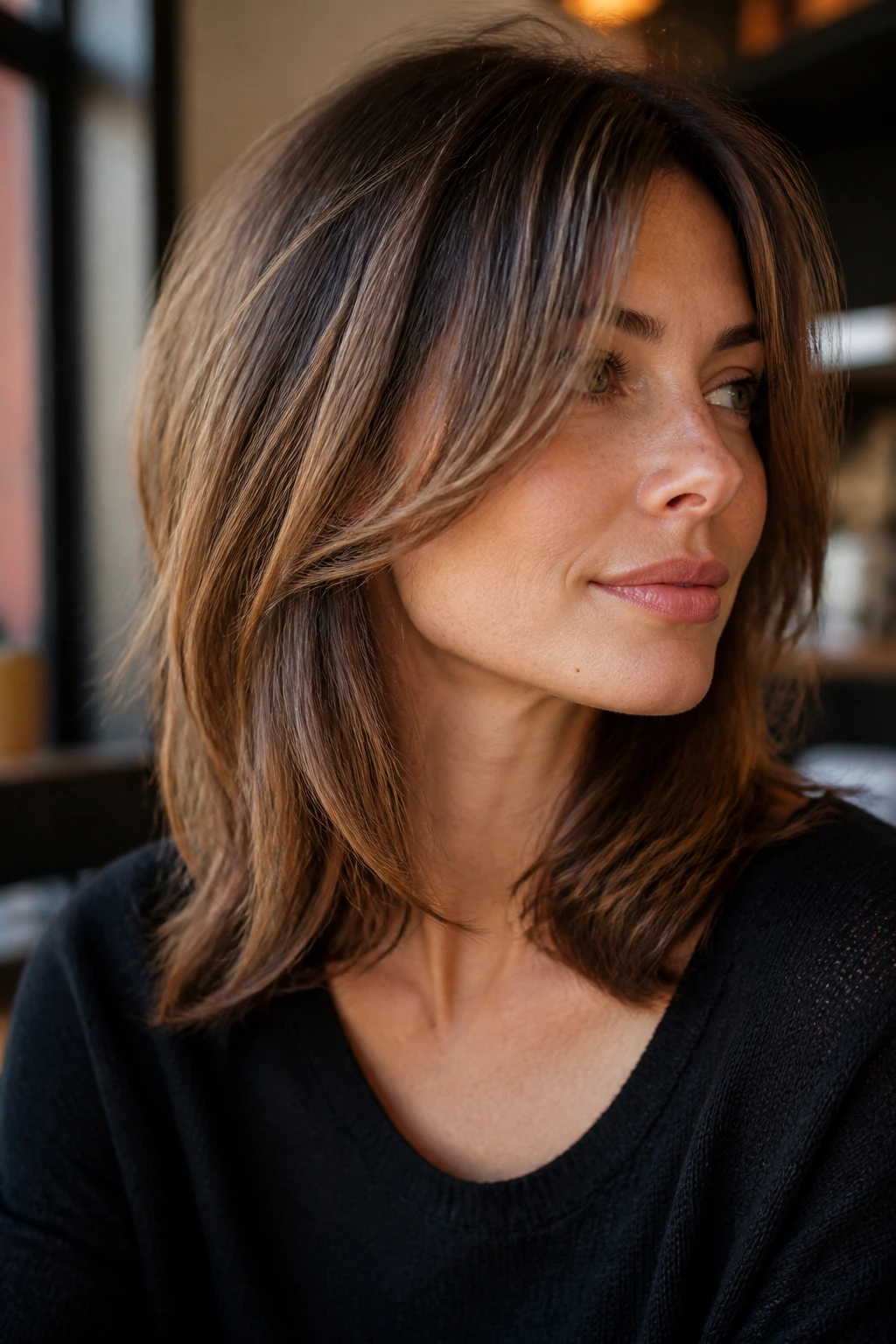 Portrait of a real woman with The Face-Frame First Version wispy haircut, cheekbone framing