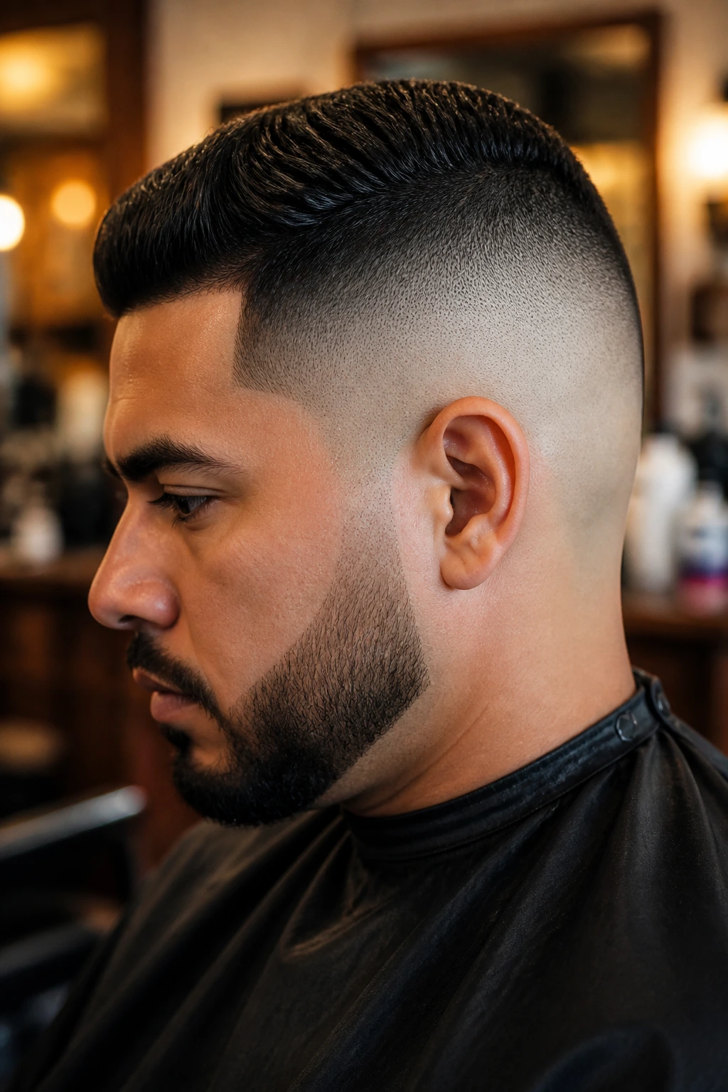 Close-up of a head showing a smooth fade and clean transition near temple and neckline