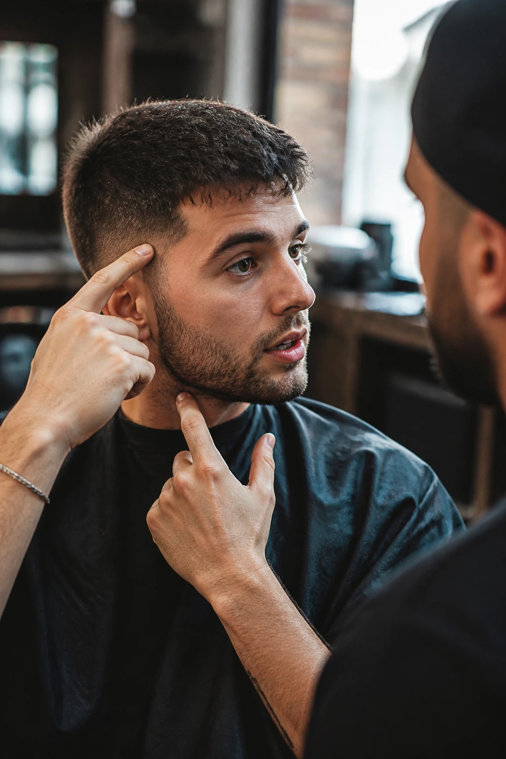 Close-up portrait of a man discussing fade placement with a barber in a warm barbershop