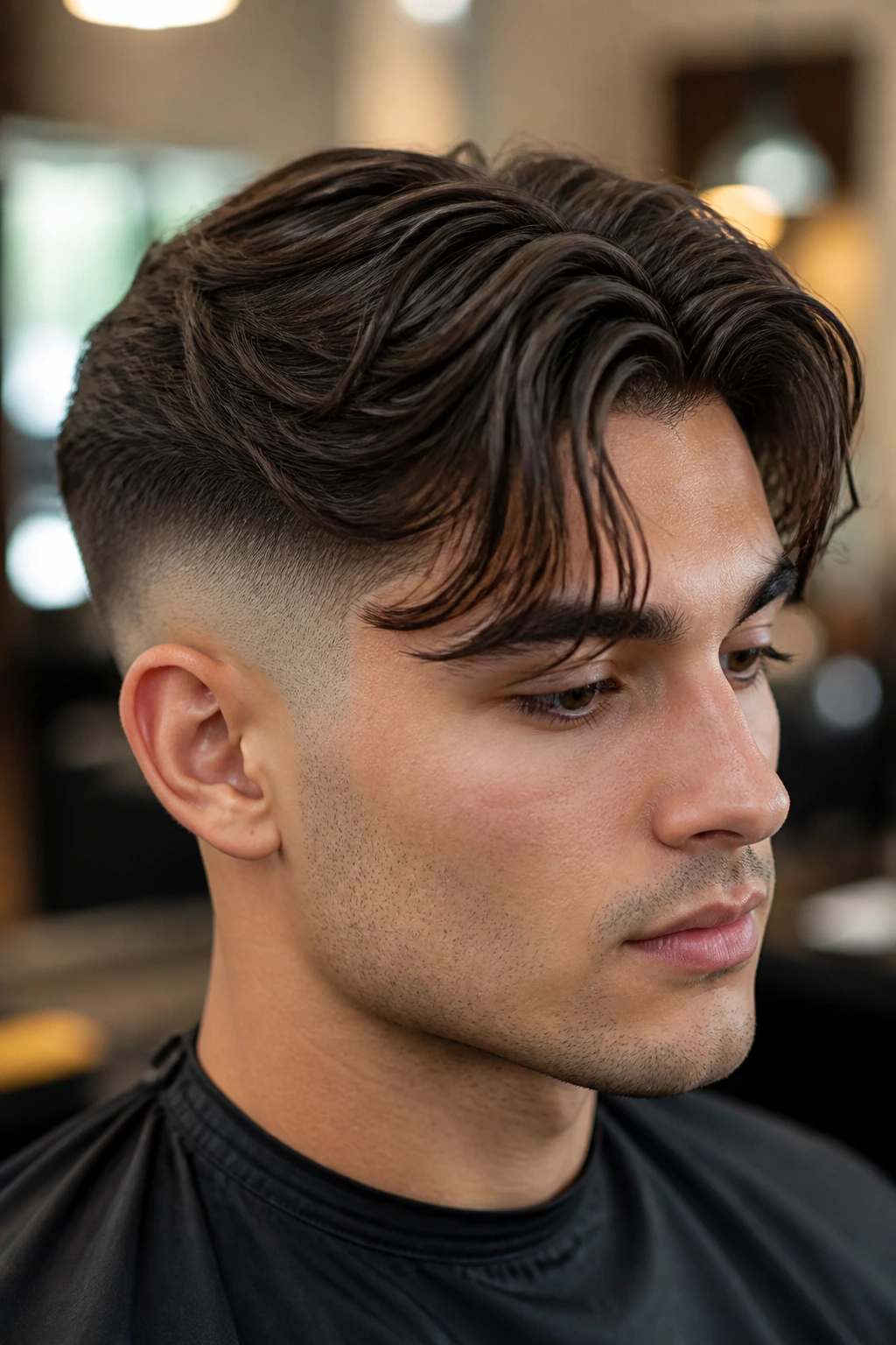 Portrait showing fade on the sides and curtain bangs in a salon-like setting