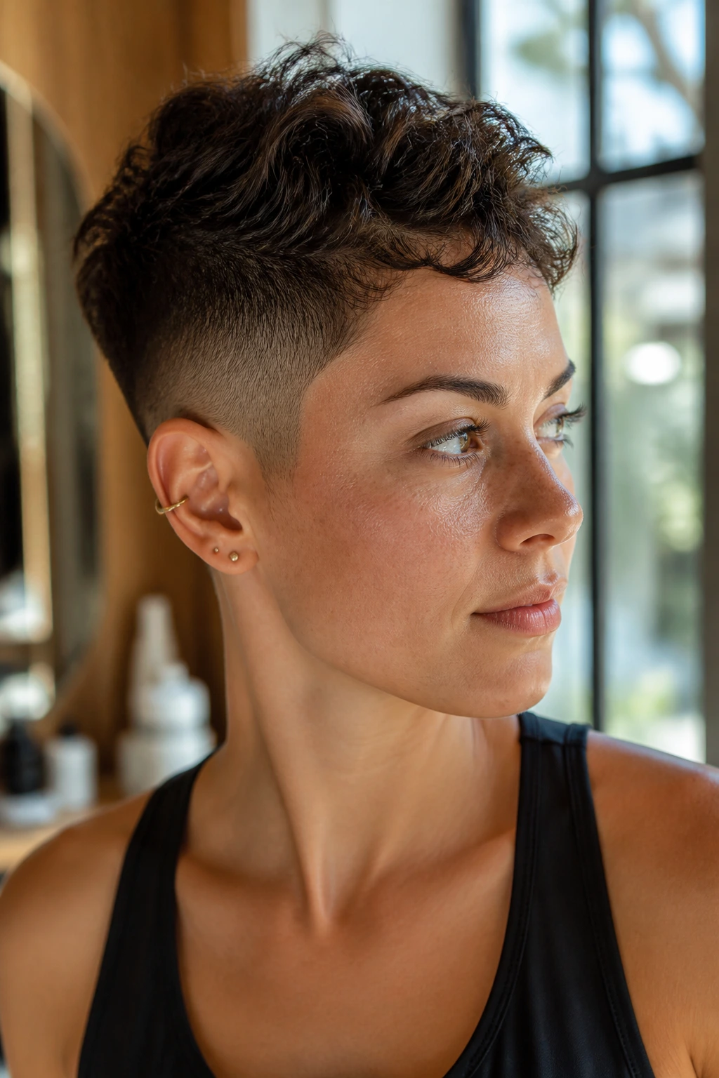 Close-up portrait of a real woman with a fade haircut showing tapered sides and a soft textured top.