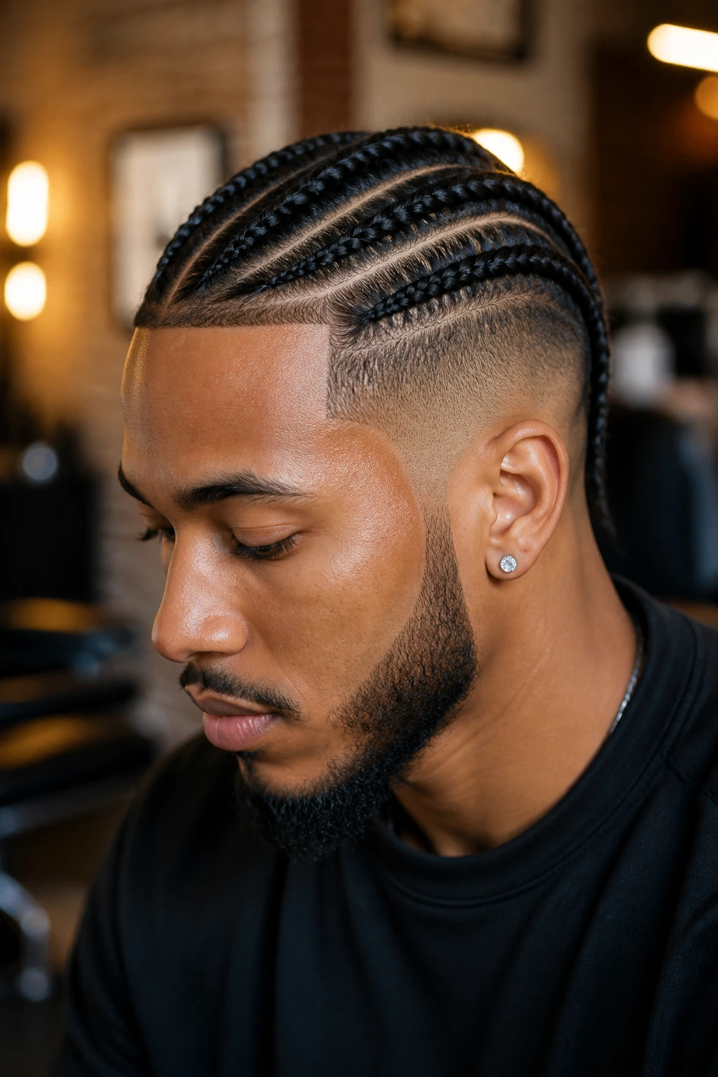 Man with fade-frame braids showing contrast between top and faded sides