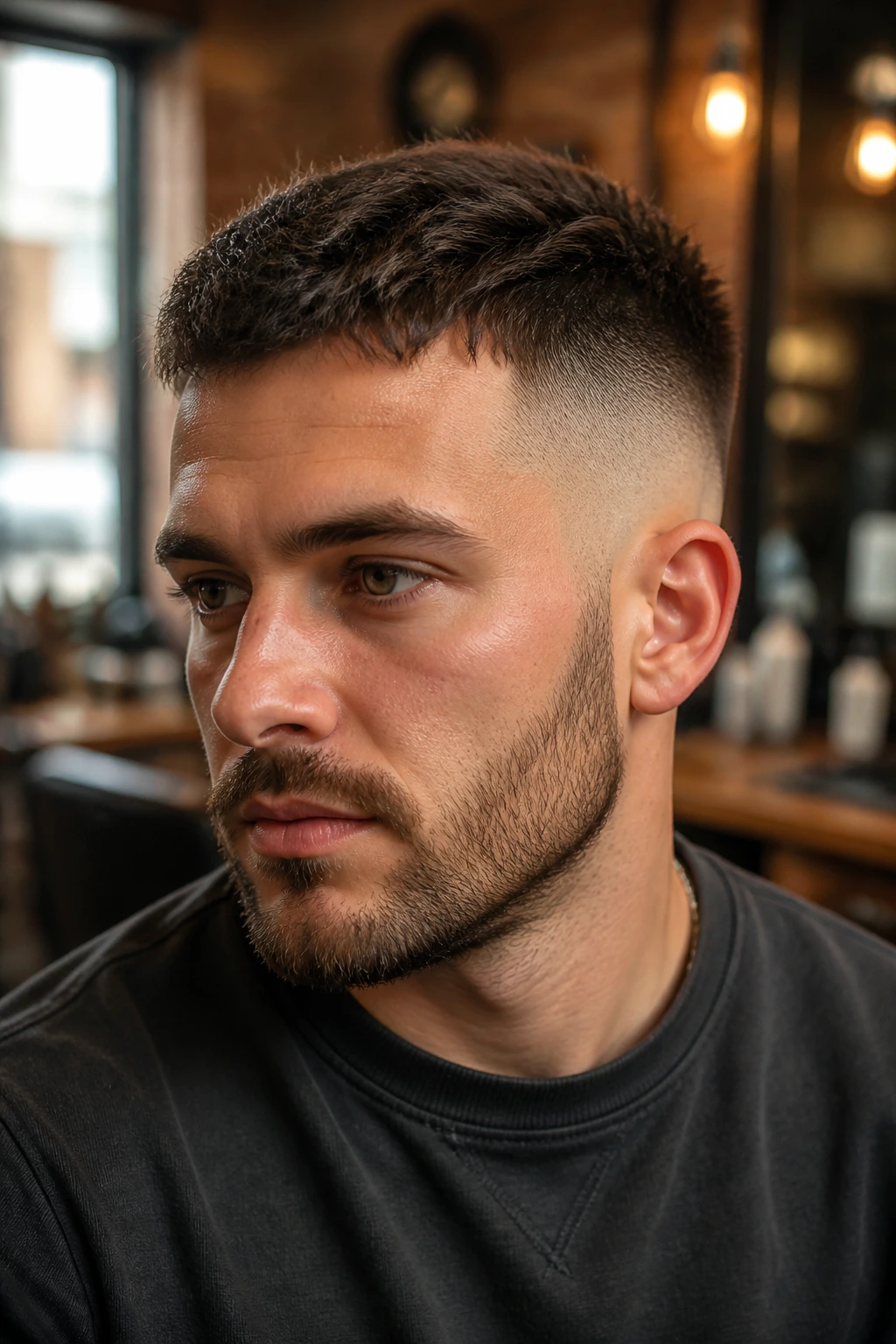 Close-up portrait of a man with a short fade haircut in a barbershop setting