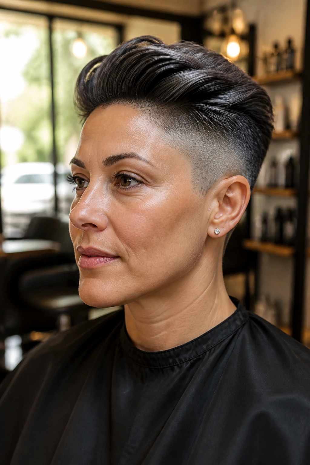 Close-up portrait of a real woman with a fade haircut in a warmly lit salon