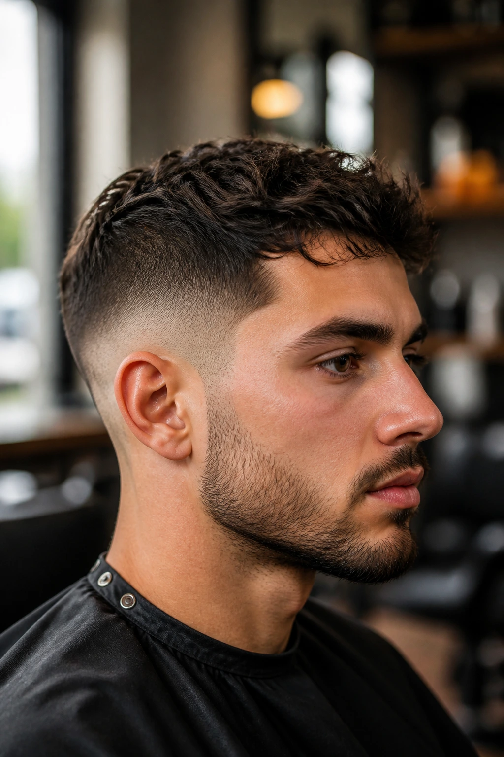 Close-up portrait of a man with sharp fade on the sides and textured top