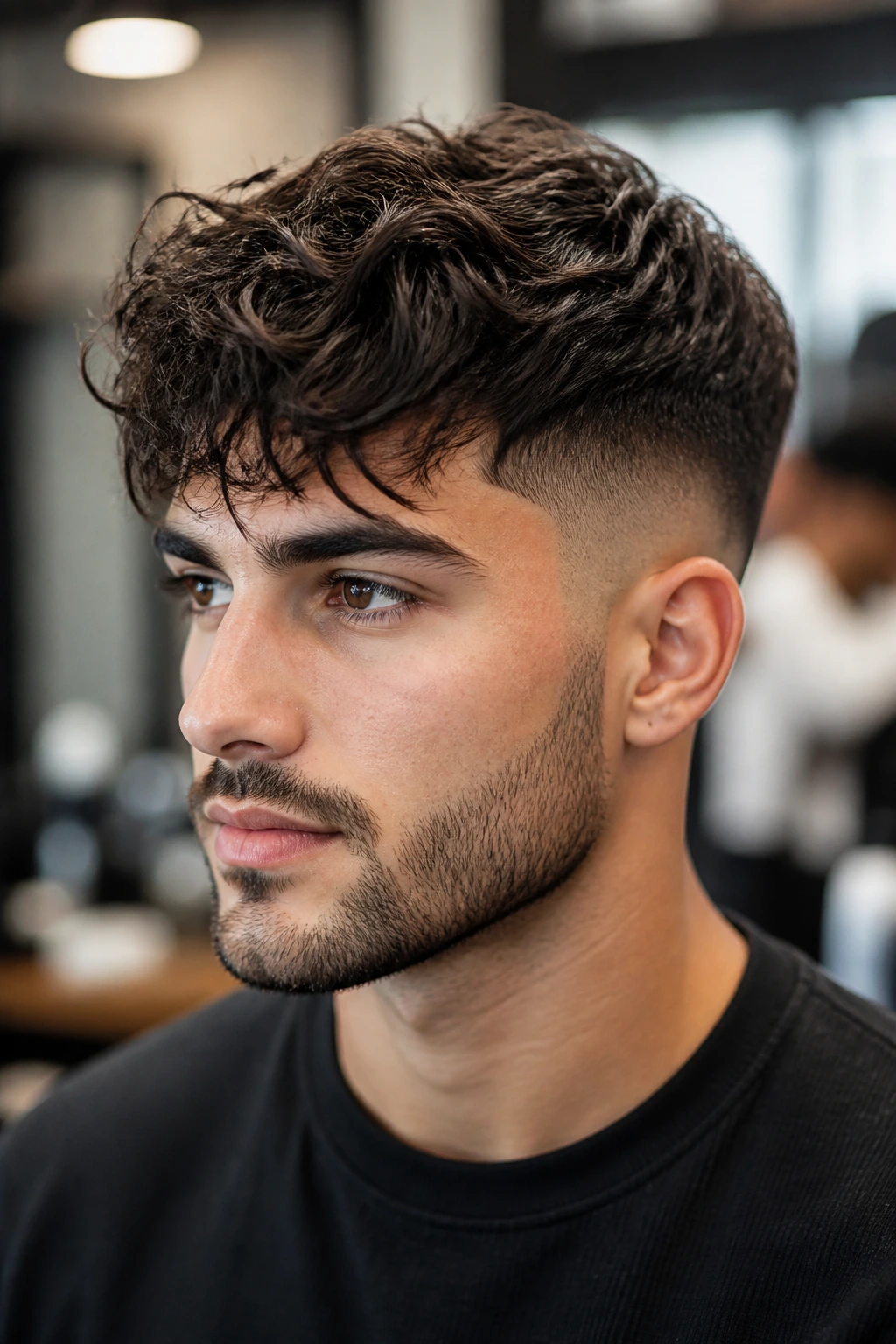 Portrait of a man with medium-length hair and fade, close-up in a real-world setting.
