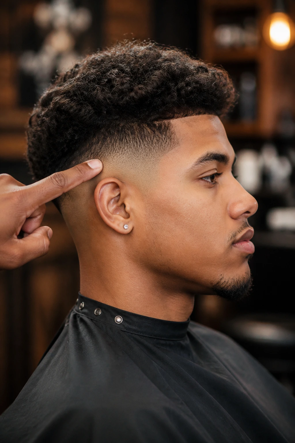 Real client and barber discussing fade height at chair.