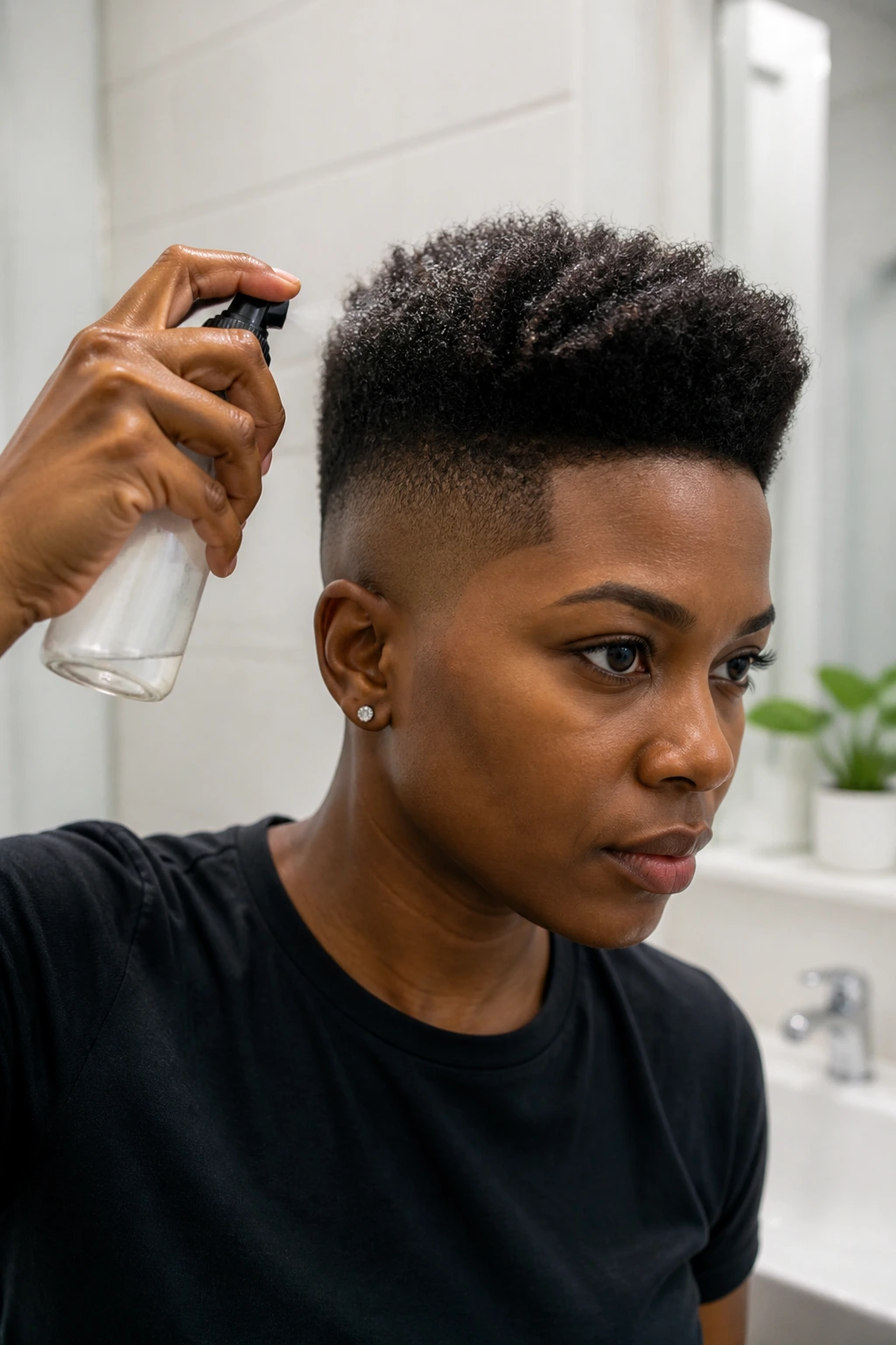 Person maintaining high top fade with light mist in a bright bathroom.