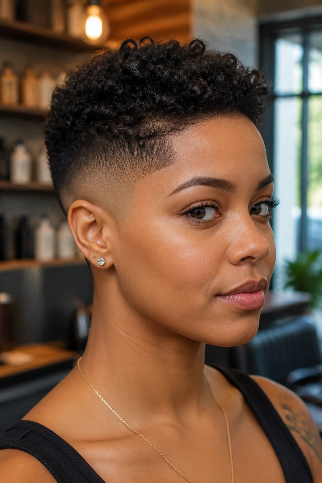 Close-up of a woman with a crisp fade and clean neckline