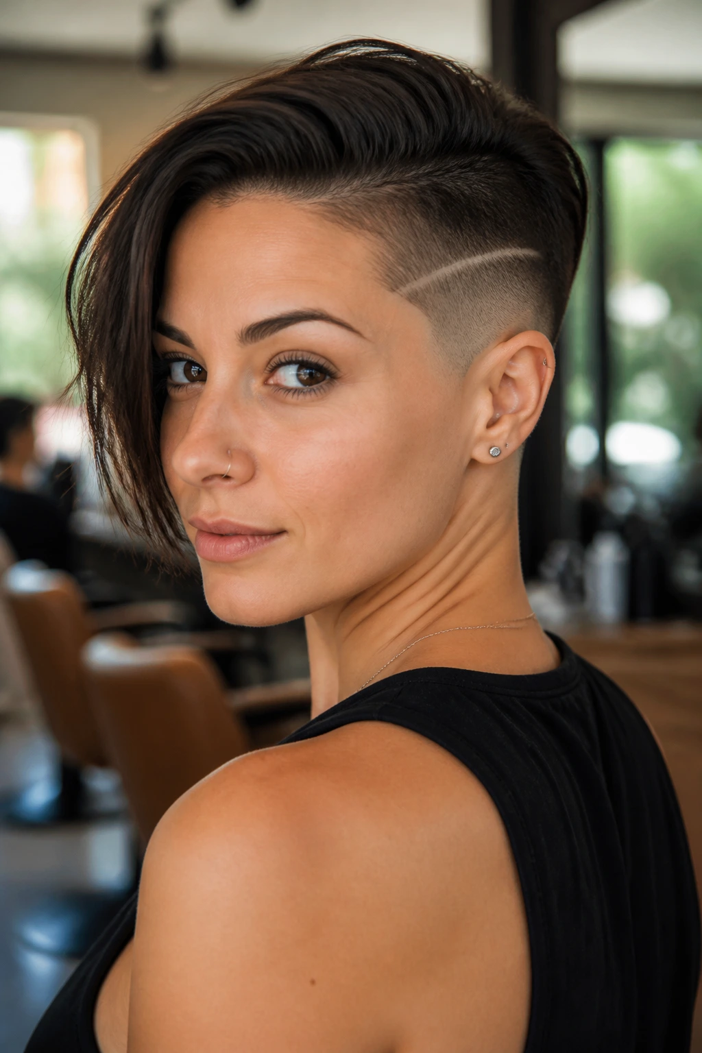 Close-up portrait of a real woman with a crisp side fade in a modern salon