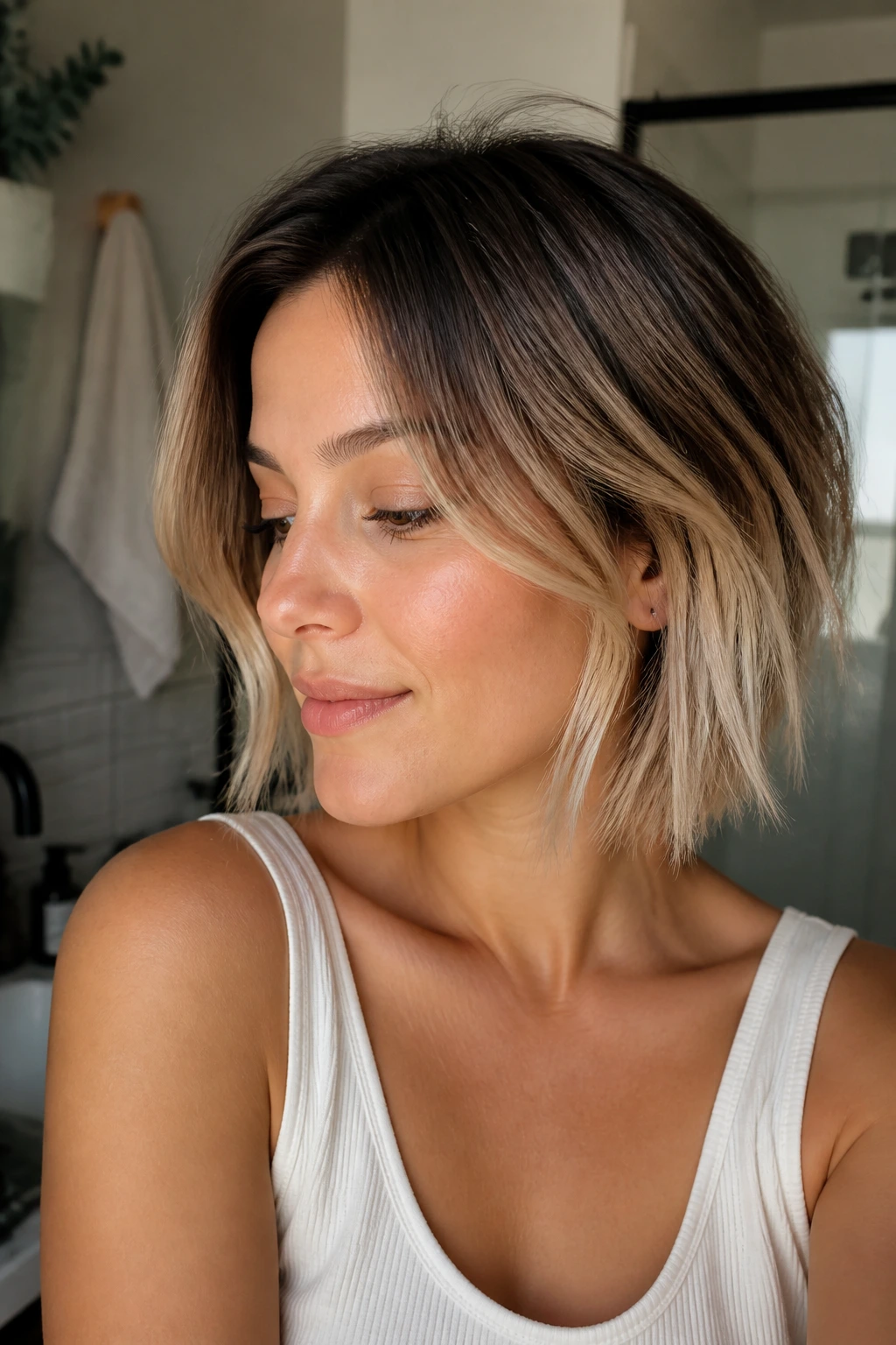 Real person with a soft blended fade on short hair in a cozy setting.