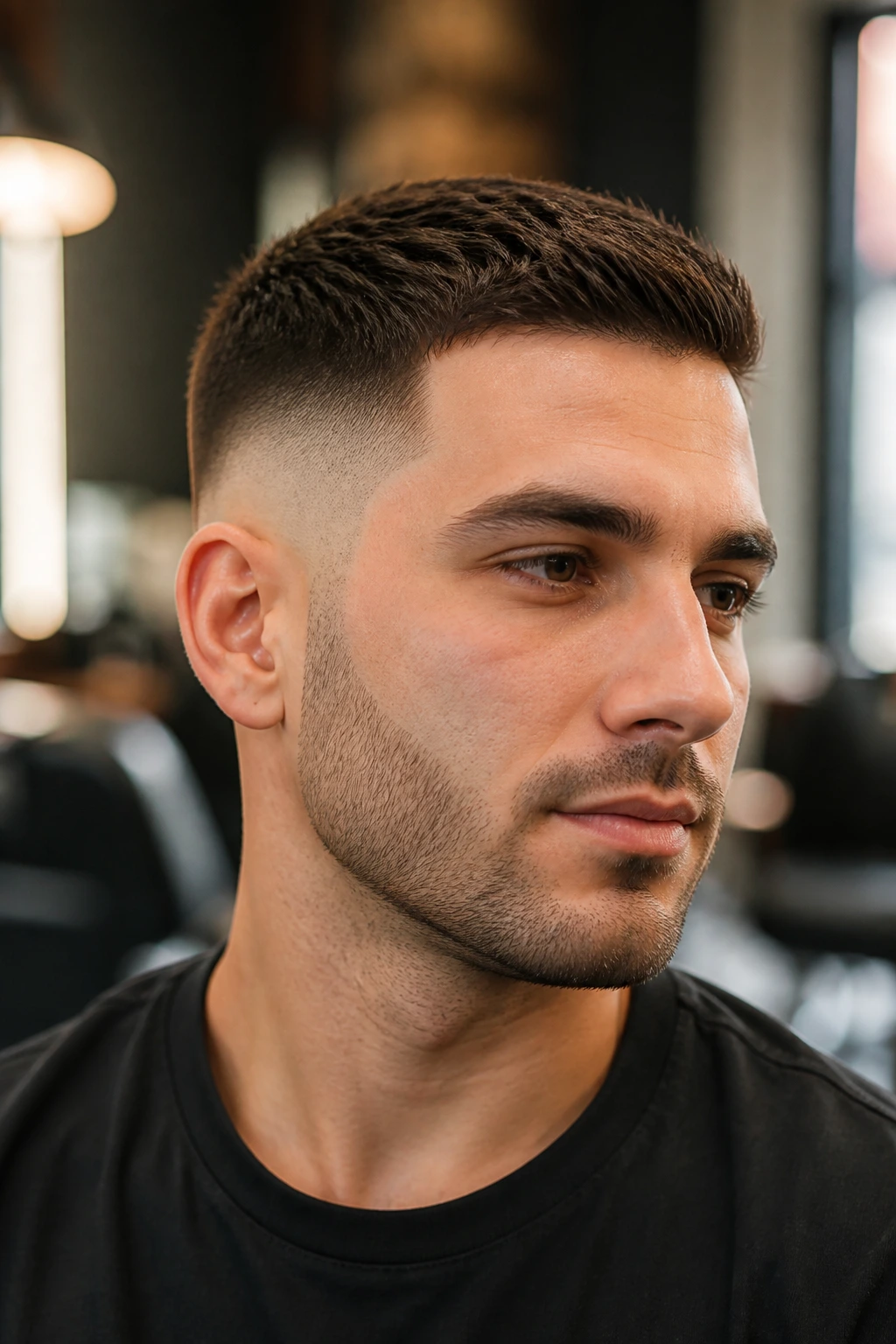 Close-up of a man with a sharp skin fade around the temples and nape in a barbershop setting