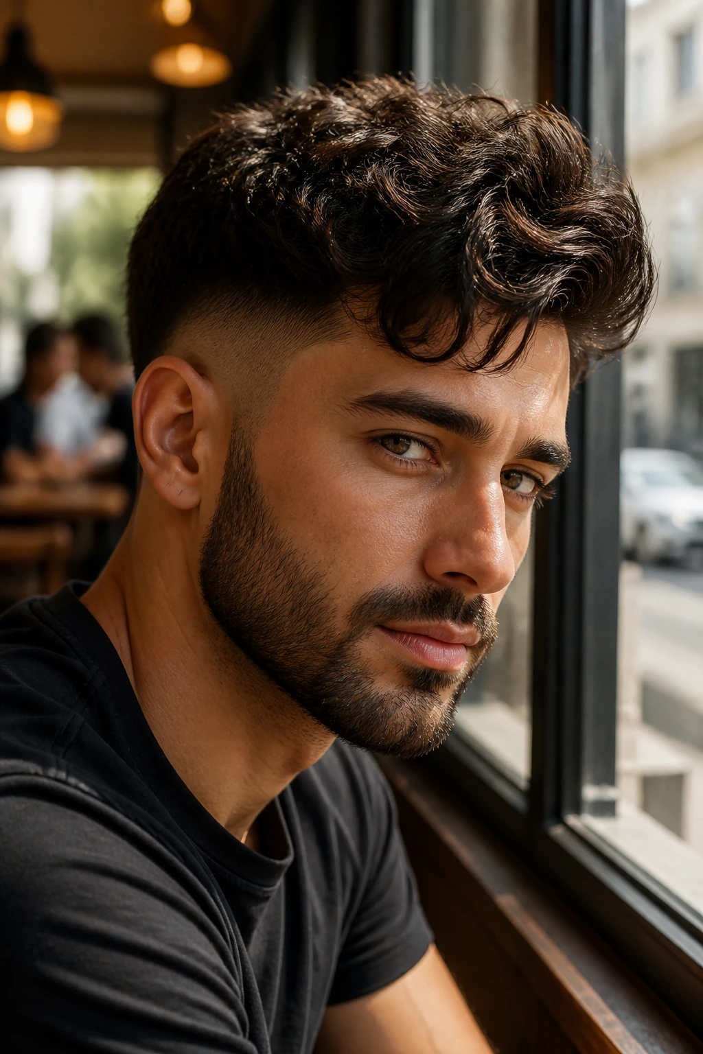 Close-up of man with fade on medium-length hair.