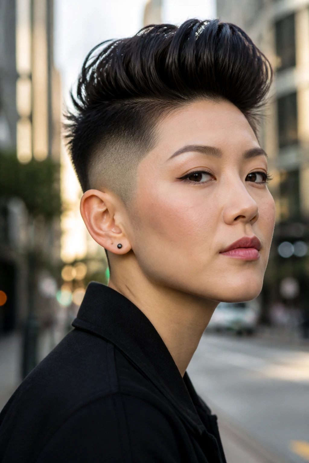 Portrait of an Asian woman with high-contrast fade and tall quiff.