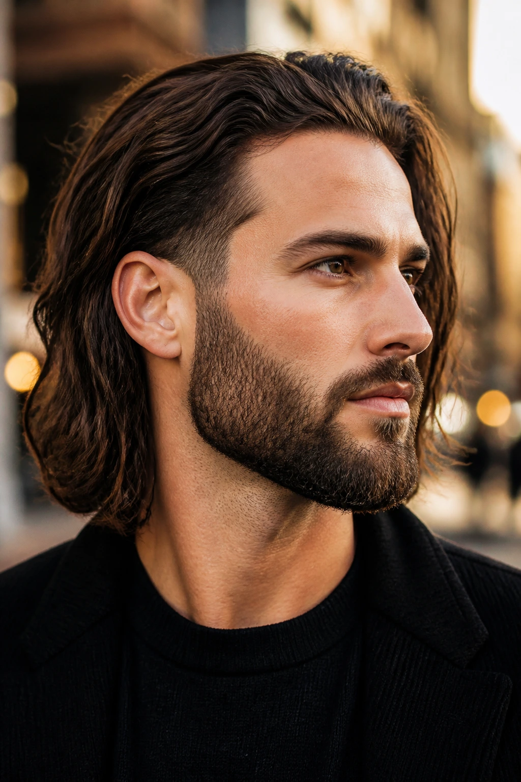 Man with faded sideburn into a beard and long hair