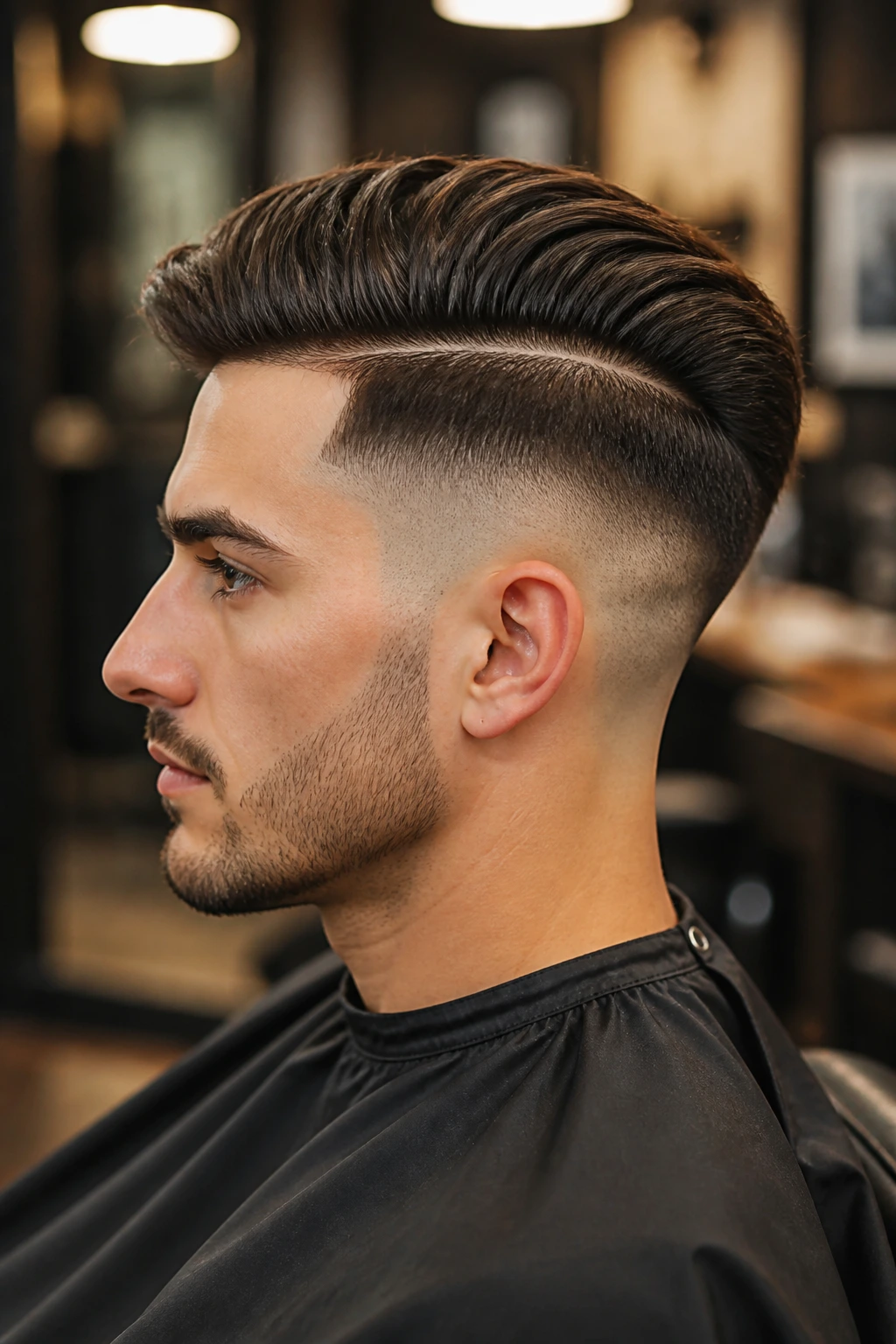 Side-profile of a person with a defined fade and disconnect in a barber chair.