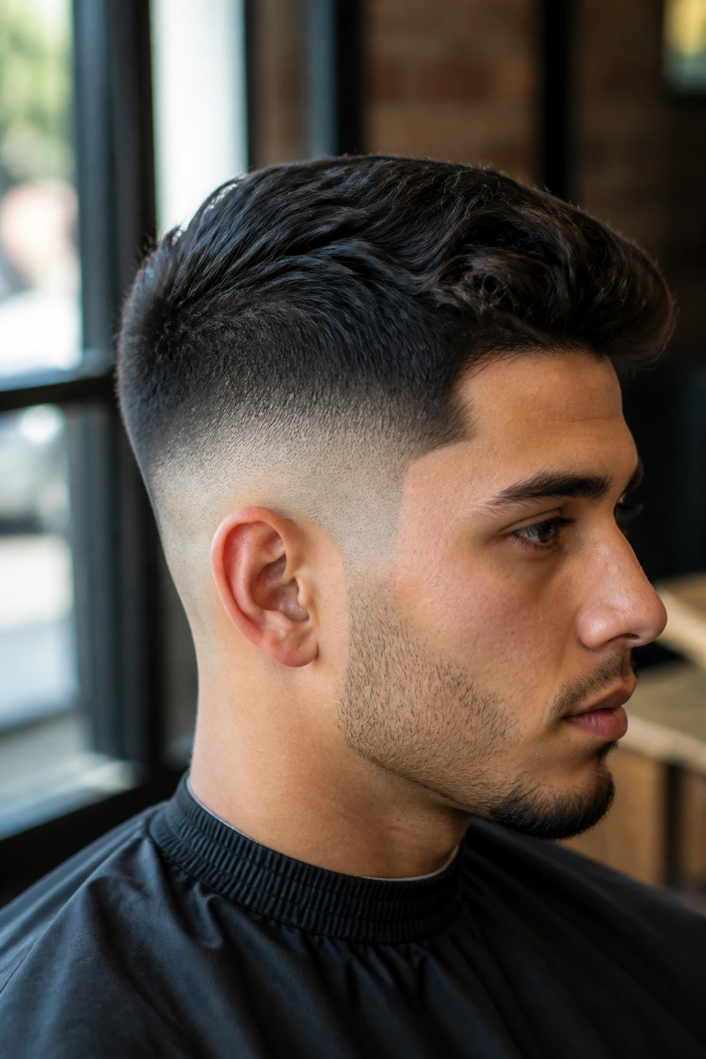 Close-up portrait of a man with a crisp fade showing hair texture variations in a barber shop setting