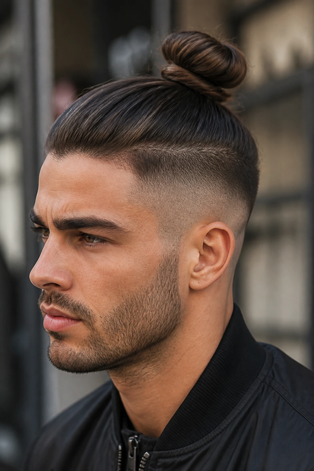 Man with fade top knot on urban street