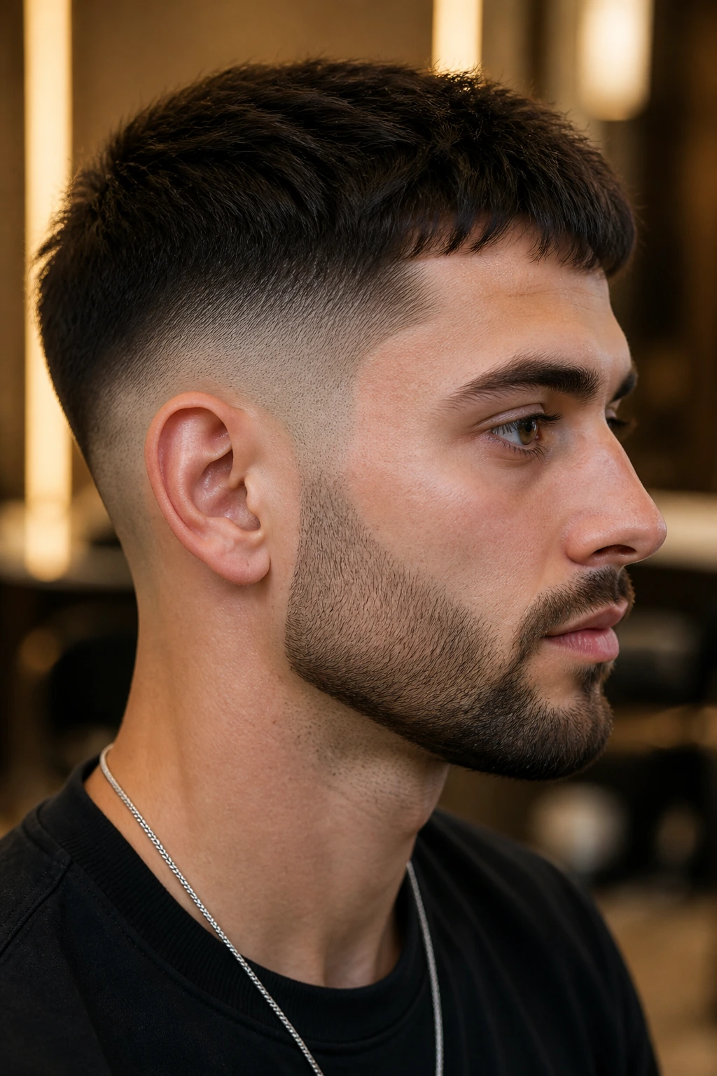 Close-up of a man with a deliberate beard fade from sideburns to jawline.