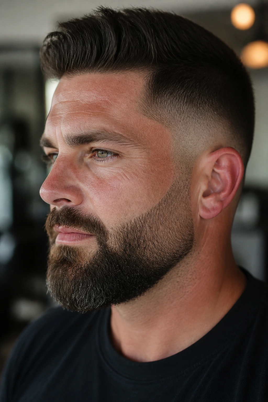 Close-up portrait of a real man with a fading beard gradient from sideburn to jaw