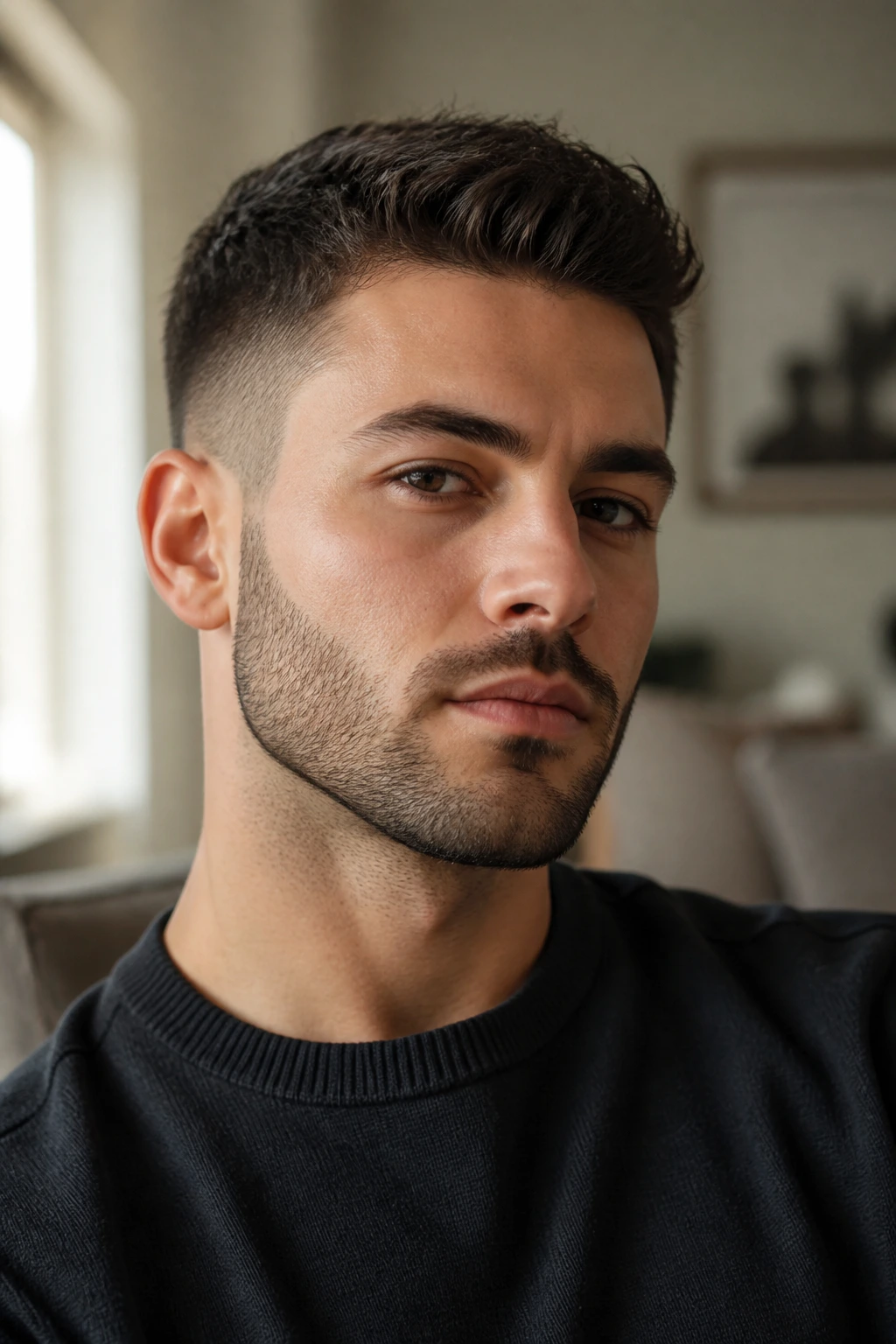 Close-up portrait of a man with a faded beard on an oval face in a bright living room