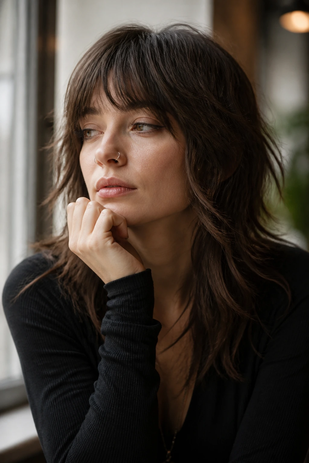 Thoughtful portrait of woman considering fairy shag haircut on straight hair