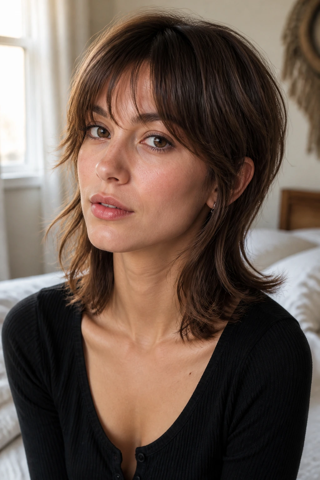 Close-up of a real woman with fairy shag on straight hair showing soft cheekbone framing
