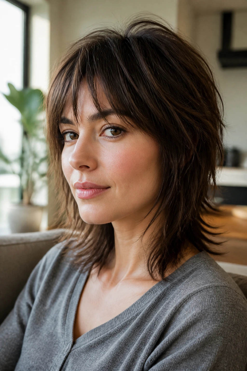 Close-up portrait of a real woman with a fairy shag haircut on straight hair showing wispy ends and crown lift