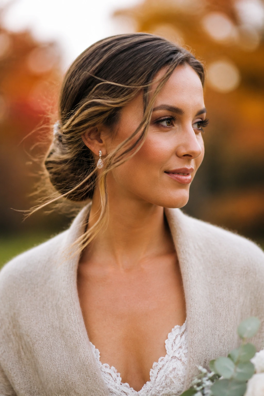 Portrait of a fall-bride showing wind-influenced hair and a secure low style.