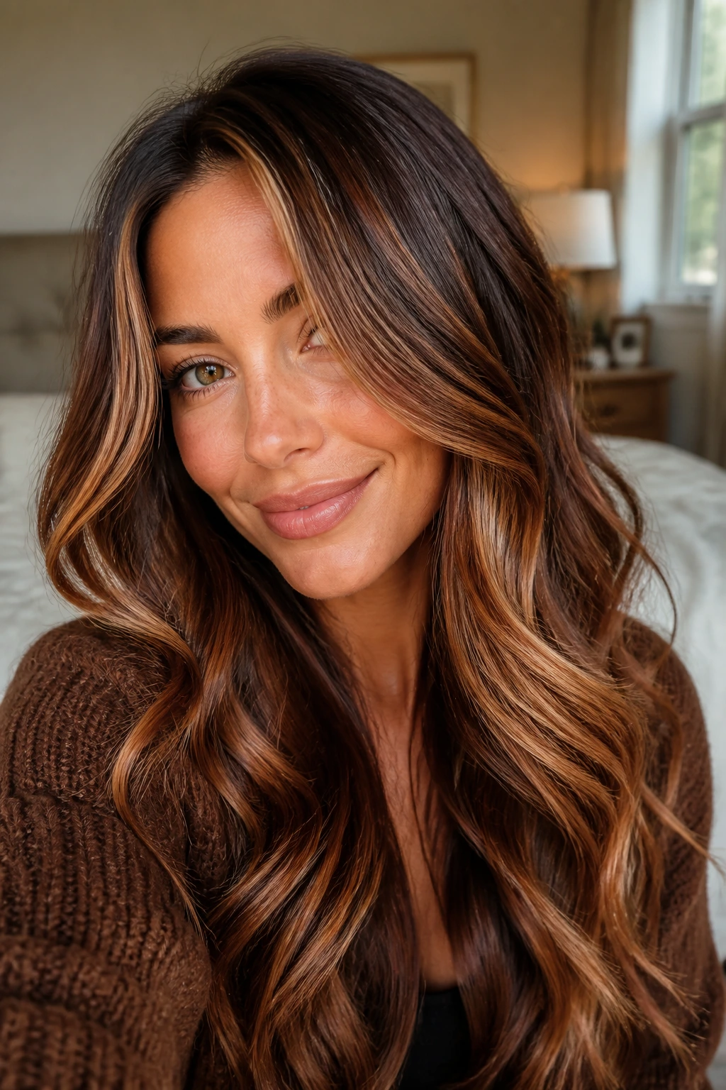 Close-up portrait of a real woman with brunette copper blonde fall hair color in warm light