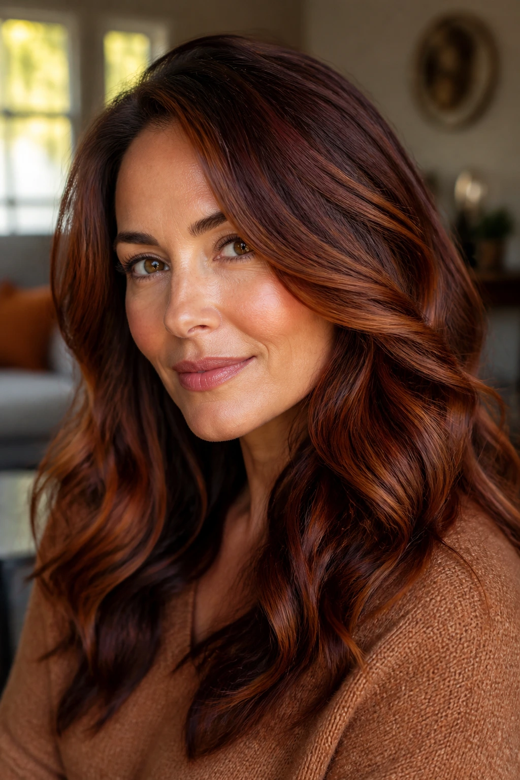 Close-up portrait of a real woman with fall color variations in chestnut, copper, and burgundy.